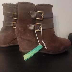Sole(sense)ability Teri Wedge Brown Leather Ankle Boots w/ Buckles Size 10M